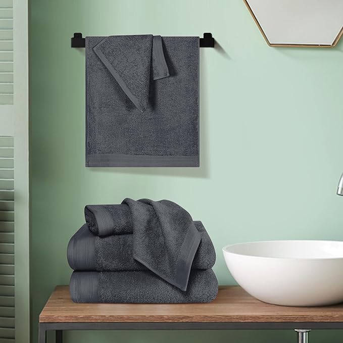 Ultra Soft 6 Pack Cotton Towel Set, Contains 2 Bath Towels 28x55 inch, 2 Hand Towels 16x24 inch & 2 Wash Coths 12x12 inch, Ideal Everyday use, Compact & Lightweight - Charcoal Grey