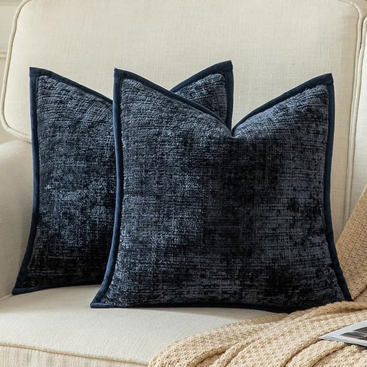 Yaertun Pack of 2 Chenille Textured Decorative Throw Pillow Covers Accent Solid Cushion Cover Soft Cozy Pillow Case with Velvet Back for Couch Sofa Bed Living Room 16x16 Inch Dark Blue