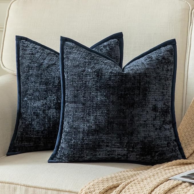 Yaertun Pack of 2 Chenille Textured Decorative Throw Pillow Covers Accent Solid Cushion Cover Soft Cozy Pillow Case with Velvet Back for Couch Sofa Bed Living Room 26x26 Inch Dark Blue