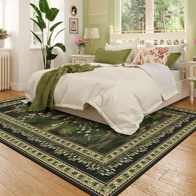 Area Rugs 8x10 Clearance Impressionist-Style Vintage Washable Area Rug Non Slip Low Pile Large Rug for Bedroom Farmhouse Dining Room Kids Playroom, Green