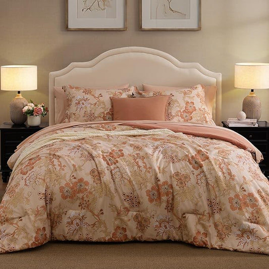 Full Comforter Set -7 Pieces Terrecotta Floral Comforter Set for All Seasons, Bed in a Bag Full with Botanical Flowers Comforter, Sheets, Pillowcases & Shams