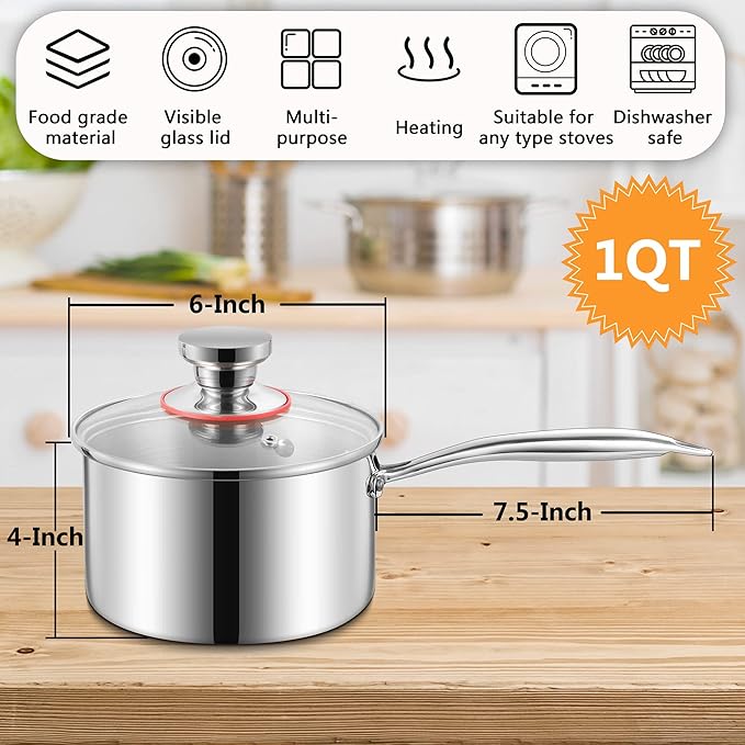 LIANYU 1QT Saucepan, Tri-Ply 18/10 Stainless Steel Sauce Pan with Lid, 1 Quart Cooking Pot for Pasta Soup, Small Induction Cookware with Ergonomic Handle, Heavy Duty, Dishwasher Safe
