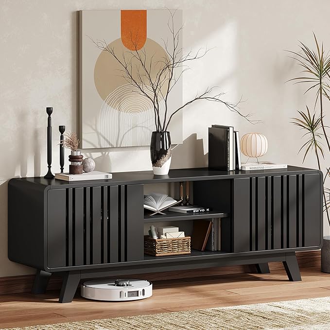 63-Inch TV Stand for TVs up to 75 Inch, Mid-Century Modern Television Stand with Power Outlet， Entertainment Center with Sliding Grille Door Cabinets and Open Shelves for Living Room, Black