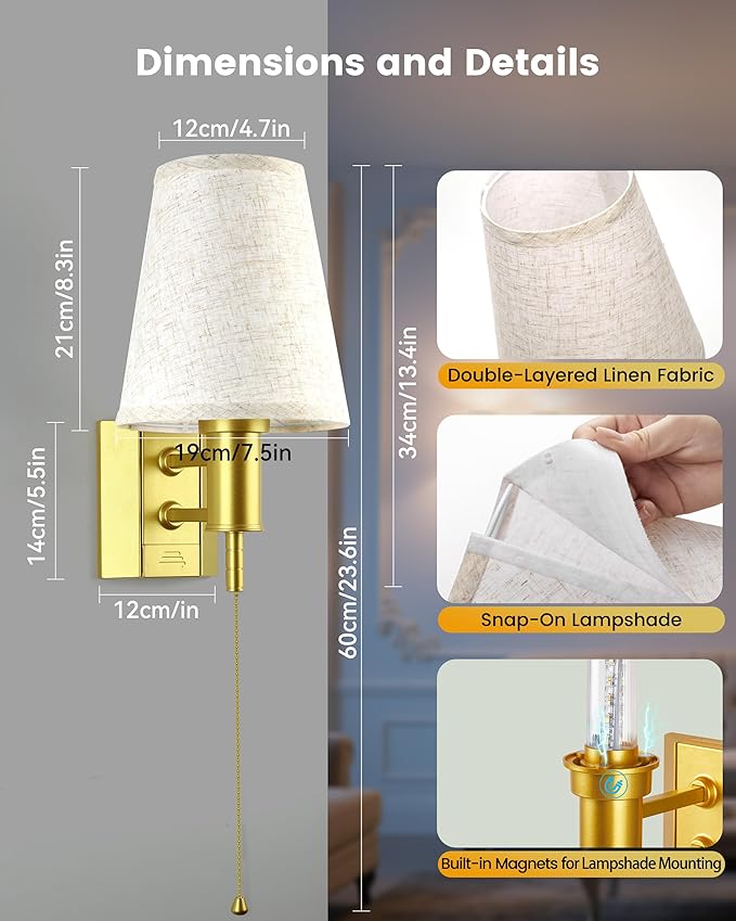 Battery Operated Wall Sconce Lights Décor for Bedroom Set of 2, Wireless Rechargeable LED Wall Lamp with Remote & On/Off Pull Chain, Wall Mount Lighting Fixtures for Living Room, Satin Gold
