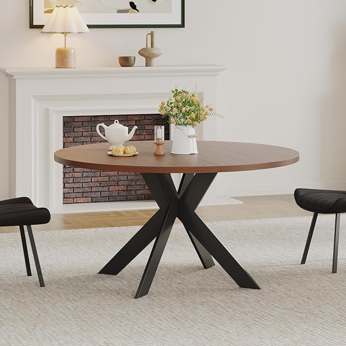 45.3" Walnut Round Dining Table Set with 4 Chairs – Mid-Century Modern Small-Space Kitchen & Dining Room Furniture for Apartment or Breakfast Nook (Boxwood – Table + 4 Black Chairs)