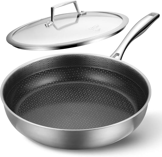 PekGema Hybird Nonstick Frying Pan with Lid 12 inch, Stainless Steel Skillet, Ceramic Non-stick Oven-Safe Chef Pan, Induction Ready, PFOA PFAS FREE Cookware