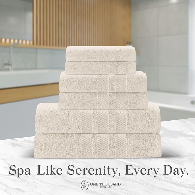 Zero Twist Bathroom Towel Set - Luxury Bath Towel Sets for Bathroom, Hands, and Washcloths - Quick Dry and Absorbent - 6 Pieces, 3 Stripe, Sand