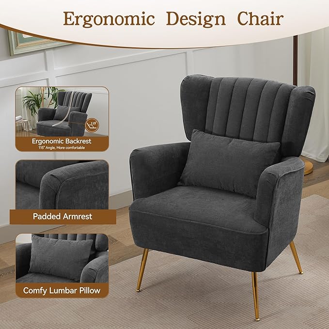 Living Room Chairs Chenille Accent Armchair with Lumbar Pillow&Gold Leg, 8.5" Thick Cushion, Mid Century Modern High Wingback Bedroom Chairs Upholstered Comfy Sofa Arm Chair, Grey