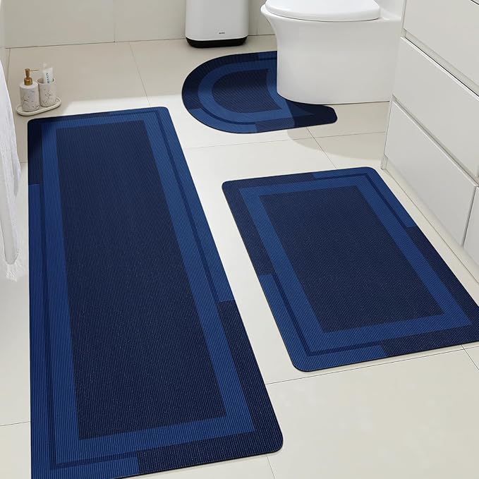 ACCUMTEK Ultra Thin Bath Mats Fit Under Door 3 Piece, Upgrade Backing Non Slip Bath Mat, Quick Dry Absorbent Bath Mat, Machine Washable Bathroom Rugs for Bathroom Floor, Bathtub, Kitchen, Dark Blue