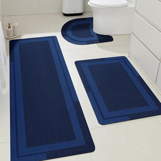 ACCUMTEK Ultra Thin Bath Mats Fit Under Door 3 Piece, Upgrade Backing Non Slip Bath Mat, Quick Dry Absorbent Bath Mat, Machine Washable Bathroom Rugs for Bathroom Floor, Bathtub, Kitchen, Dark Blue