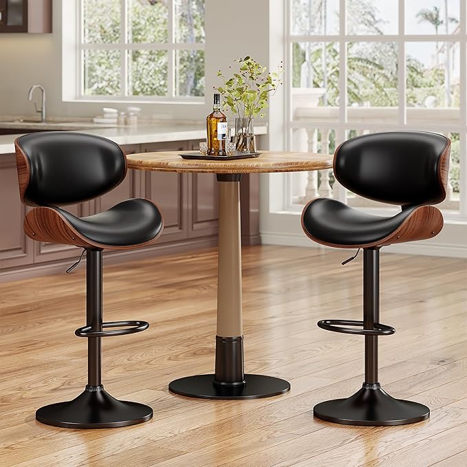 Swivel Bar Stools for Kitchen Counter, Adjustable Bentwood Barstools, Modern PU Leather Upholstered Bar Stool with Back and Footrest, for Bar, Kitchen, Dining Room (Black 1PCS)