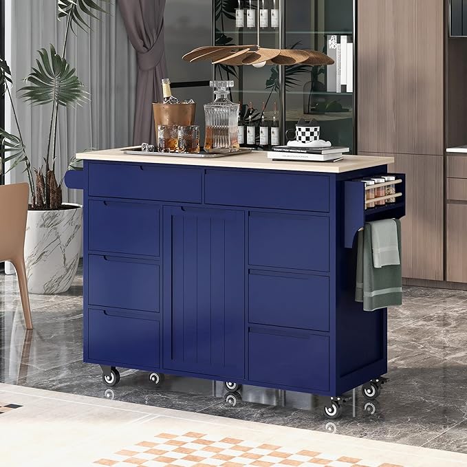 Rolling Mobile Kitchen Island Cart Breakfast Bar with Spice & Towel Rack, 8 Drawers and 5 Wheels for Dining Room