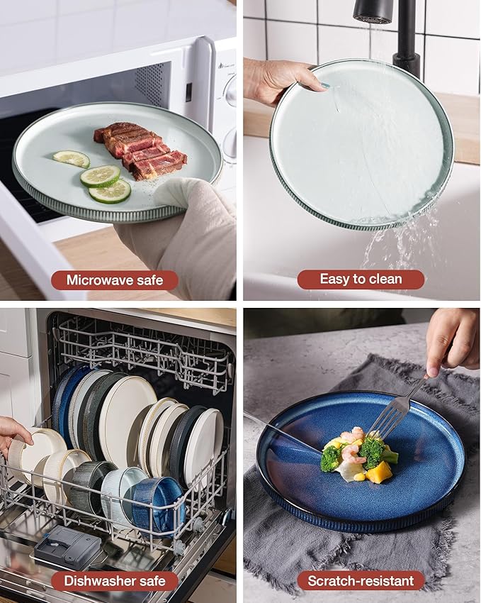 Famiware Star Dinnerware Set with Mugs, Service for 4 (16pcs), Ribbed Stoneware Plates and Bowls Dishes Sets - Chip & Scratch Resistant, Microwave & Dishwasher Safe, Smoky Blue