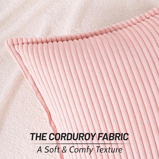Mecatny Corduroy Throw Pillow Covers 18x18 Set of 2, Neutral Decorative Soft Boho Couch Pillow Covers with Broadside for Sofa Living Room, Pink