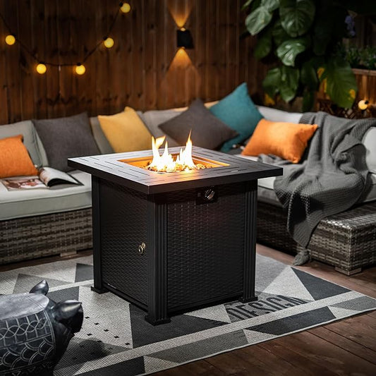 28" Propane Gas Fire Pit Table, 50000 BTU Square Steel Fire Pit with Lid & Volcanic Stones 2 in 1 Fire Pit Table Rock for Outside Patio Deck Garden Courtyard