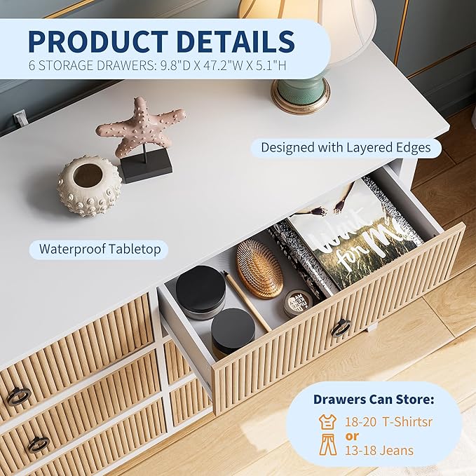GarveeHome 6 Drawer Dresser for Bedroom，Waveform Fluted Chest with Large Drawer, Wooden Chest of Storage Cabinet, Fluted Dressers for Bedroom Living Room Hallway Closet, Anti-Tipping