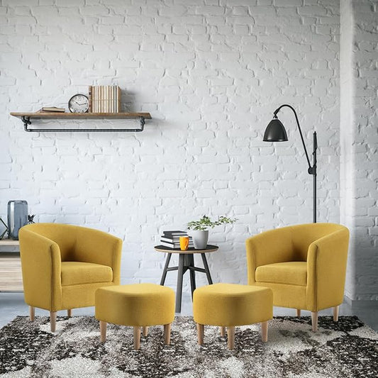 DAZONE Accent Chairs Set of 2 Mid Century Modern Chair with Ottoman Comfy ArmChair Footrest Set Comfortable Living Room Chairs Upholstered Barrel Club Tub Chair for Bedroom Reading Room Mustard Yellow