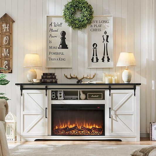 Farmhouse Fireplace TV Stand for 75,80 Inch TV, 32" Tall Entertainment Center w/4 Drawers & Sliding Barn Door, 70-Inch Highboy Media Console for Living Room, Off White