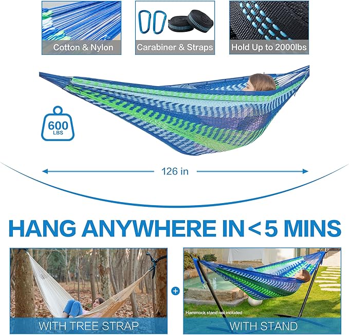 PNAEUT Mayan Hammock, Handwoven XL Thick Soft Rope Hammocks for Outdoor Indoor, Max 600 lbs Capacity, Tree Straps & Carabiners Included (Lake Superior)