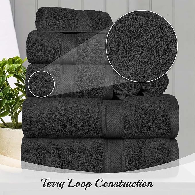SUPERIOR Egyptian Cotton Pile 9 Piece Towel Set, Includes 3 Bath, 3 Hand, 3 Face Towels/Washcloths, Ultra Soft Luxury Towels, Thick Plush Essentials, Guest Bath, Spa, Hotel Bathroom, Black