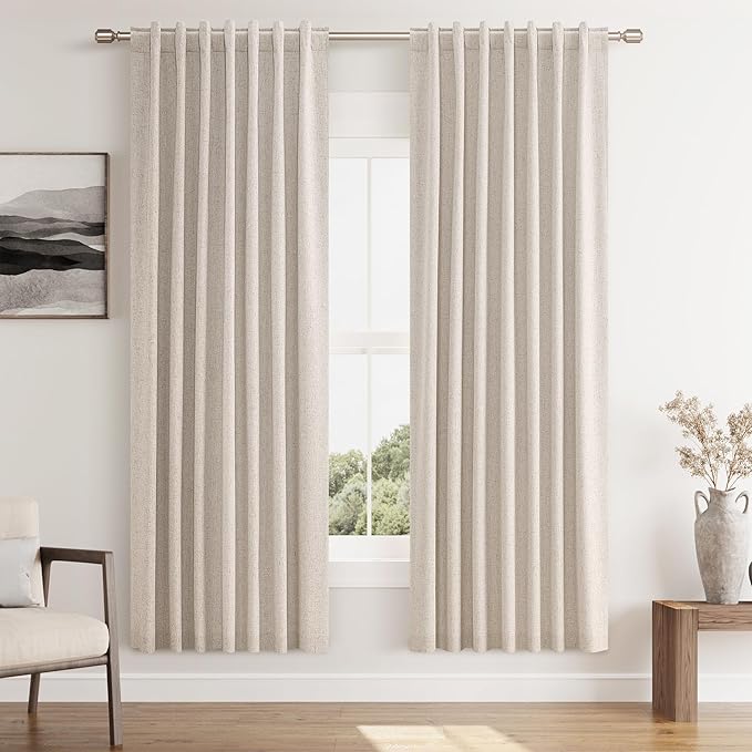 Guken Oatmeal Linen Blackout Curtains 72 Inch Length 2 Panels Set for Living Room Bedroom Back Tab Thermal Insulated 100% Black Out Linen Drapes Room Darkening Window Curtains 72 Inches Long