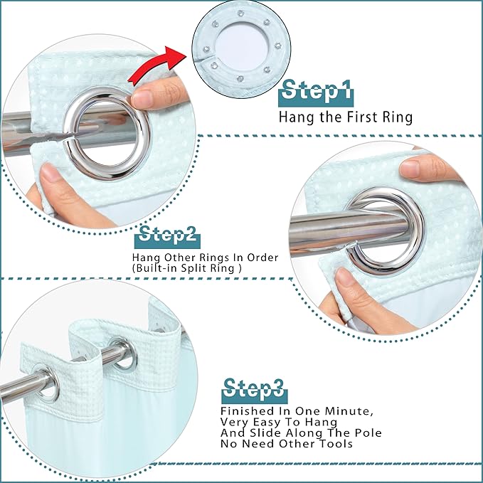 Conbo Mio No Hook Waffle Weave Shower Curtain with Snap in Liner Set, Hotel Luxury Blue Shower Curtains for Bathroom with See Through Top Window, Waterproof, Washable 71W x 74H