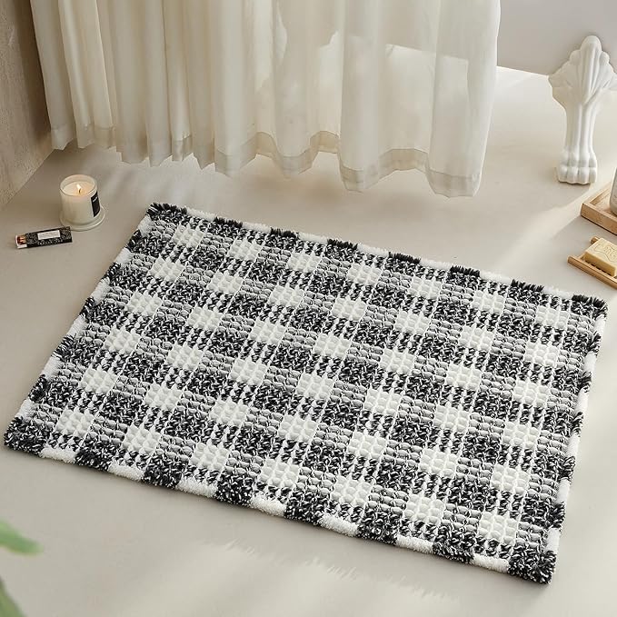 Waffle Bath Mat, Boho Bathroom Rugs Non Slip Washable Absorbent Checkered Bathroom Mat Quick Dry Farmhouse Bathroom Decor, 36"x24" Black and White