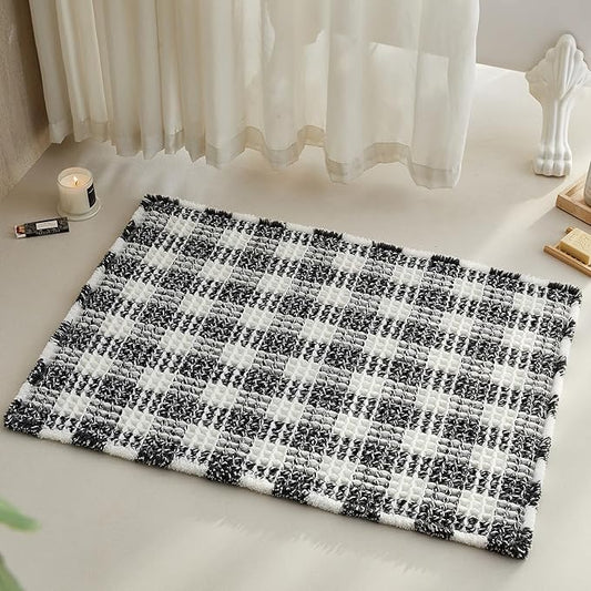 Waffle Bath Mat, Boho Bathroom Rugs Non Slip Washable Absorbent Checkered Bathroom Mat Quick Dry Farmhouse Bathroom Decor, 36"x24" Black and White