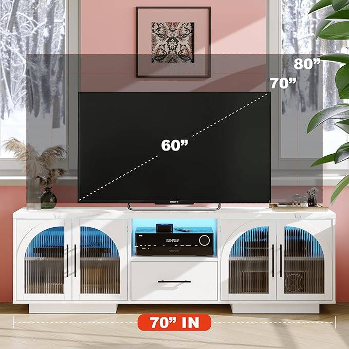 70" TV Stand for 75 Inch TVs, Modern Entertainment Center with LED Lights and Arched Glass Doors, Faux Marble Wood Finish, Adjustable Shelves, TV Cabinet for Living Room, White