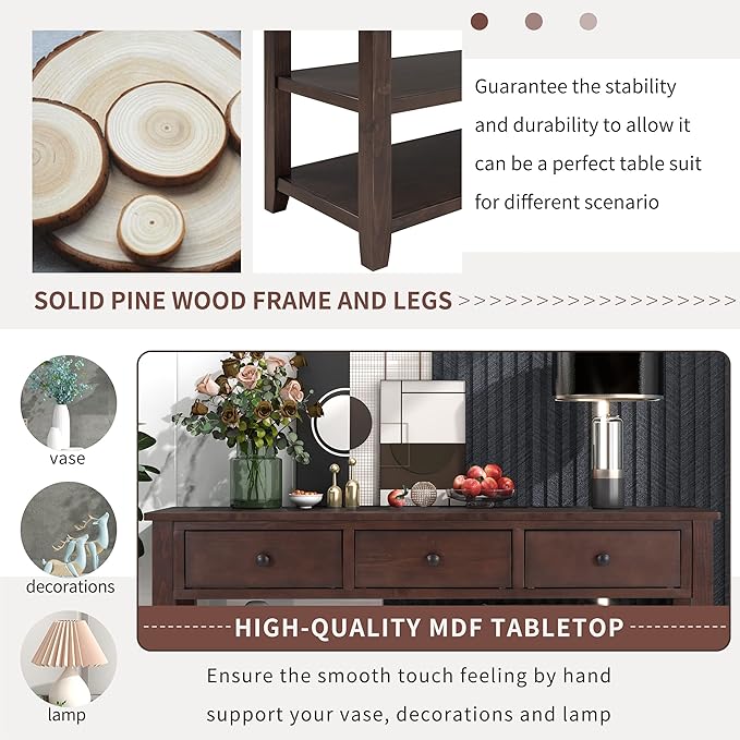 Knocbel Entryway Console Table with 3 Drawers and Open Shelves, Entry Hallway Foyer Sofa Long Table, 220lbs Weight Capacity, 50" L x 16" W x 30" H (Espresso)