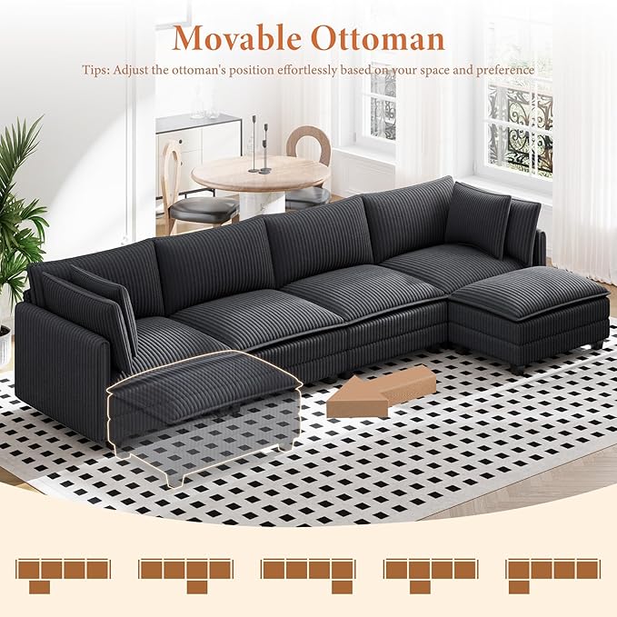 Vesgantti 143" L Shaped Modular Sectional Sofa, Comfy Corduroy Upholstered Modular Sectional Couches for Living Room, Modern Cloud Couch with Ottoman Deep Seat, Dark Grey