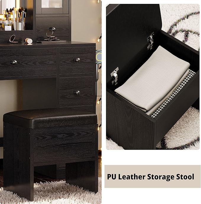 IRONCK Vanity Desk with LED Lights Mirror and Charging Station, Makeup Vanity Table with Jewelry Armoire, Storage Bench, and 11 Drawers,Black