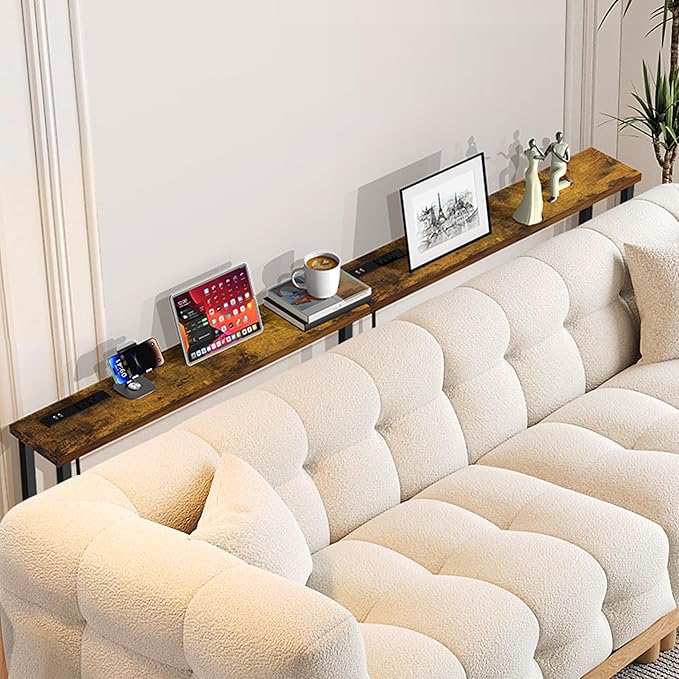 GRLEAF 63" Narrow Console Sofa Table with Built-in Power Strip (4 AC Outlets & 4 USB Ports) – 4.9ft Power Cord, Metal Frame, Easy Assembly, Ideal for Behind Couch, Hallway, and Office | Rustic Brown