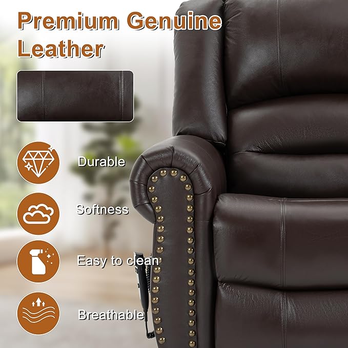 Power Lift Recliner Chair for Elderly, Dual Motor Massage Recliner with Lumbar Heat, Heavy Duty Motion Mechanism Lift Chair with Charge Ports, Genuine Leather - Antique Brown