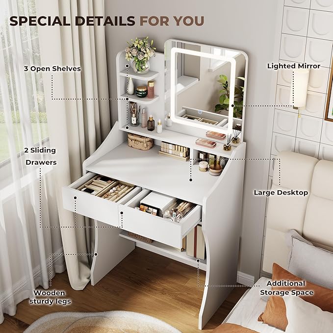 Small Vanity Desk, Makeup Vanity with Mirror and Lights, Vanity Desk with Drawer & 3 Storage Shelves, White Makeup Vanity Desk with Lights for Bedroom