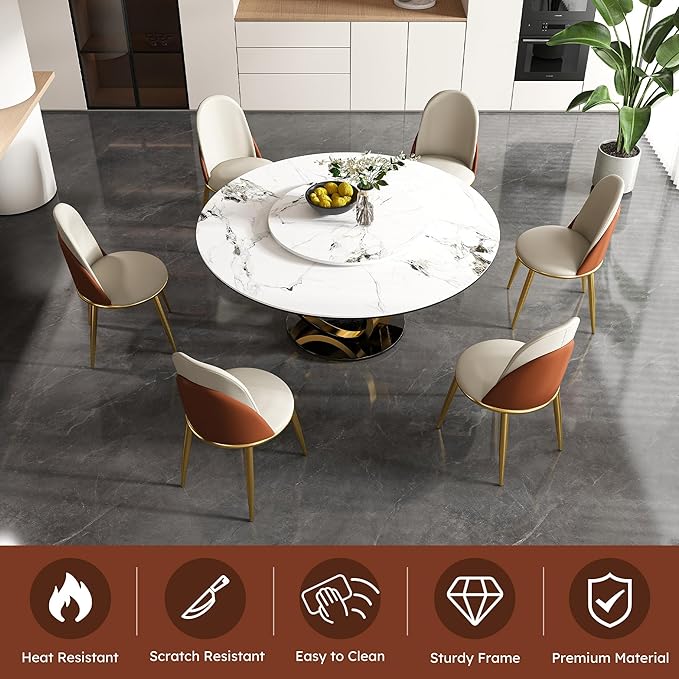 59" Round Modern Marble Dining Table with Lazy Susan, Sintered Stone Top for Kitchen, Dining Room, Dinette, Space Saving Design