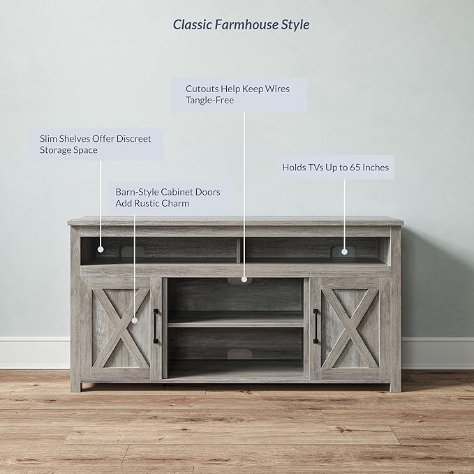 BELLEZE Modern 58 Inch Barn Door Wood TV Stand & Media Entertainment Center Console Table for TVs up to 65 Inches with Two Open Shelves and Cabinets - Corin (Gray Wash)