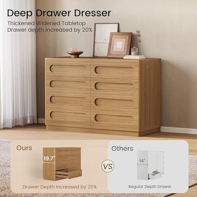 Dresser for Bedroom with 8 Drawers, 47.2" Wide Dresser for Closet with Deep Drawer, Large Wood TV Stand, Modern Chest of Drawers for Bedroom, Hallway, Oakbrown