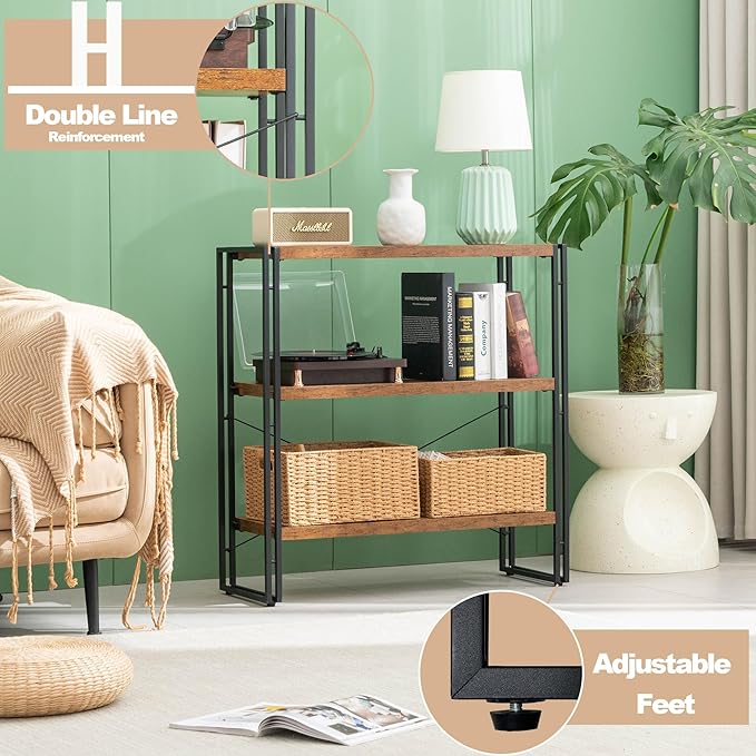 HCHQHS Bookshelf, 3-Tier Industrial Bookcase, Rustic Open Book Shelf, Freestanding Horizontal Bookshelves with Metal Frame