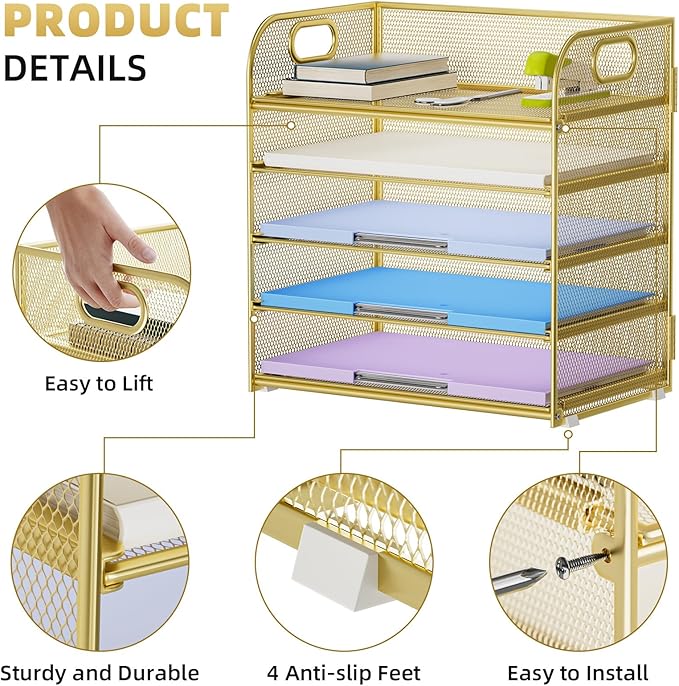Marbrasse Paper Organizer Letter Tray, 5 Tier Mesh File Organizer with Handle, Paper Sorter Desk Organizer for Home Office Supplies - Gold