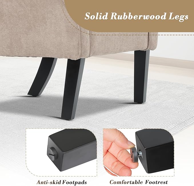 Athena Collection Mid Century Accent Chair, Upholstered Modern Comfy Armchair Single Sofa, Elegant Vanity Chair Reading Chair with High Back and Solid Wood Legs for Bedroom Living Room Office, Beige