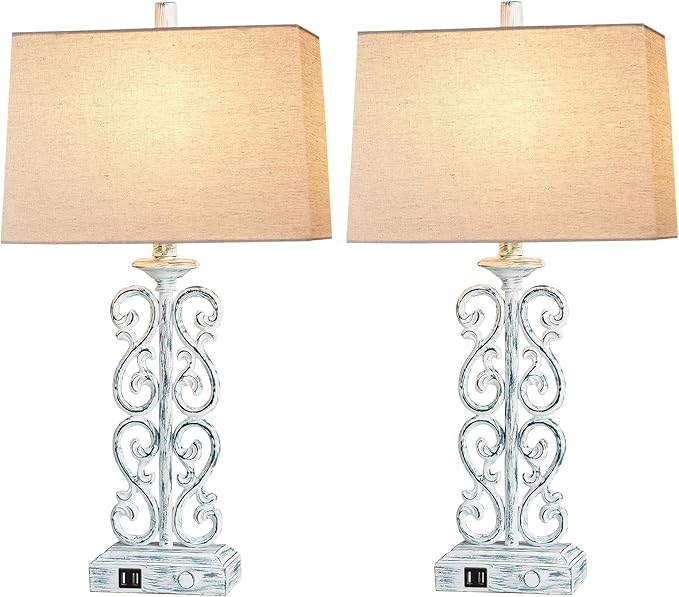 25" Coastal Set of 2 Touch Resin Table Lamps for Living Room with 3-Way Dimmable Dual USB Ports, Rustic Farmhouse Lamps for Bedside Bedroom, Nightstand Home Decor, 2 Bulbs Included