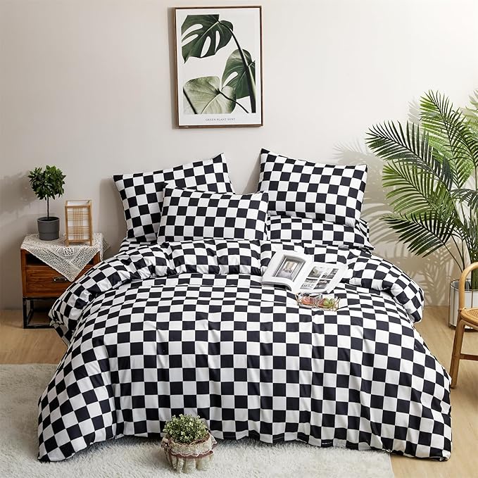 CLOTHKNOW Black White Plaid Queen Comforter Set 3Pcs Grid Bedding Comforter Sets Soft Checker Geometric Queen Comforter with 2 x Pillow Cases