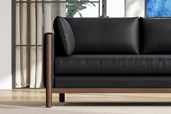Valencia Matera 93” Black 3 Seater Full Leather Sofa | Modern Nappa Leather Couch with 2 Pillows for Living Room Furniture | Canadian Hardwood, One-Piece Curved Frame Lounge Sofa