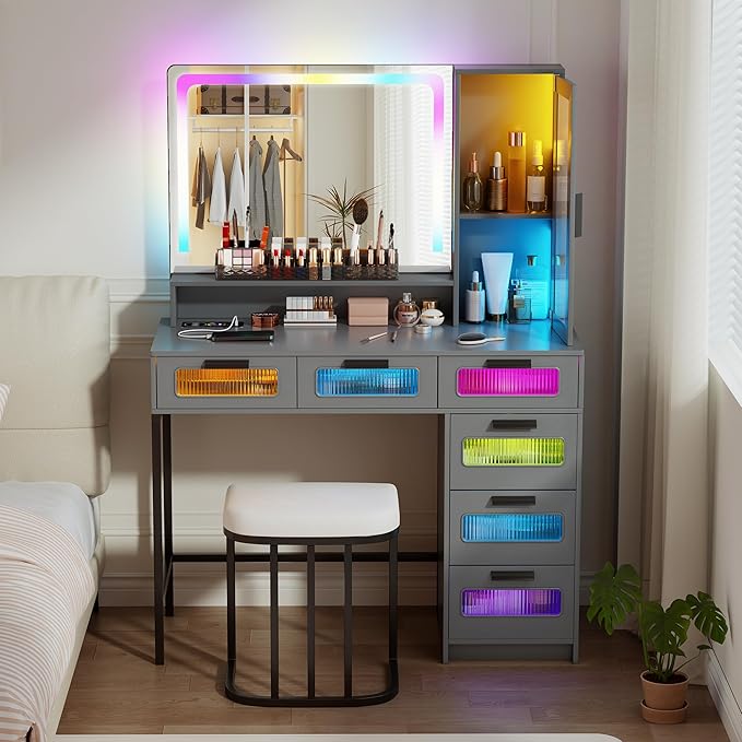 Vanity Desk with Mirror and RGB Lights, Makeup Vanity Desk with Wireless Charging Station,Large Dressing Table Set with Stool,LED Vanity Table with 6 Drawers/Cabinet/Shelves for Bedroom, Grey