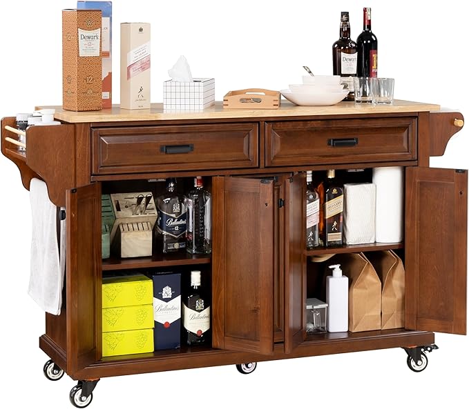 Rolling Solid Wood Kitchen Island with Rubberwood Top, 3 Drawers, 2 Cabinets, Adjustable Shelves, Spice Rack & Locking Wheels – Farmhouse Mahogany Painted Finish