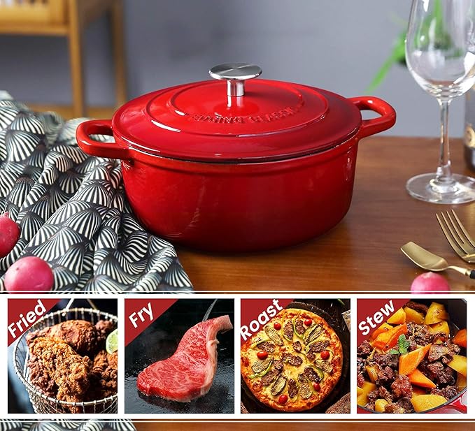 Enameled Cast Iron Dutch Oven, 5.5 Quart, Round Dutch Ovens Pot with Dual Handle for Bread Baking, Dutch Ovens with Lid, Bread Oven, Red