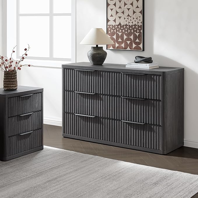 SICOTAS Dresser for Bedroom 6 Drawer Dressers & Chests of Drawers for Closet Long Large Modern TV Stand Set for Clothes Storage Fluted Wide Clothes Closet for Hallway Entryway, Dark Grey Alder