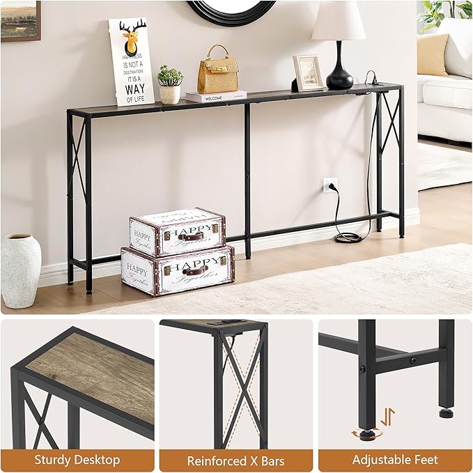 70" Sofa Tables Narrow Long, Behind Couch Table with Oulets & USB Ports, Industrial Long Skinny Stand for Entryway,Hallway, Living Room, Bedroom 7.9" D x 70" W x 24.8" H