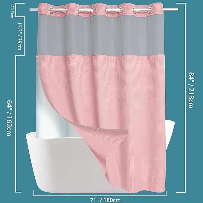 Extra Long No Hook Waffle Weave Shower Curtain with Snap in Liner Set, Hotel Luxury Pink Shower Curtains for Bathroom with See Through Top Window, Waterproof, Washable 71W x 84H